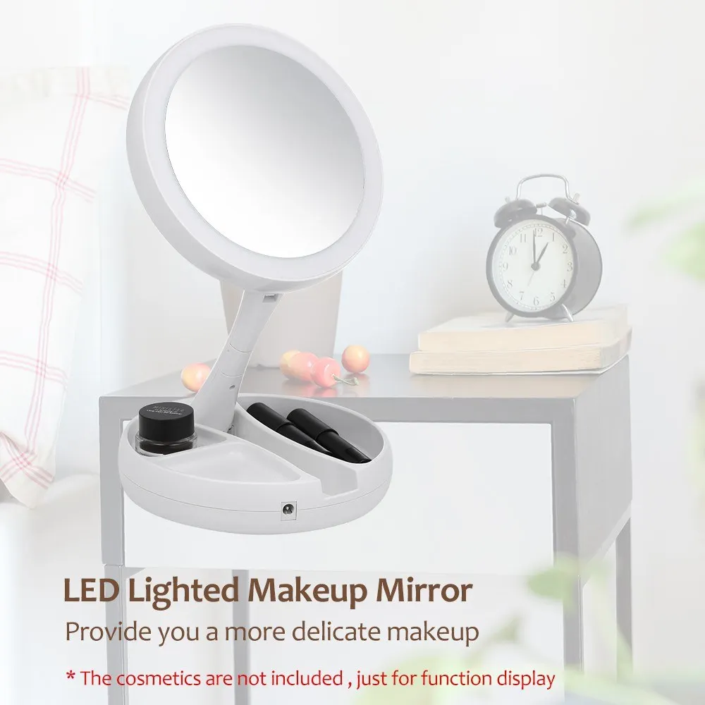 

LED Lighted Makeup Mirror Adjustable Stand Desk Tri-fold with Storage Box Organizer 10X Magnifying Mirror
