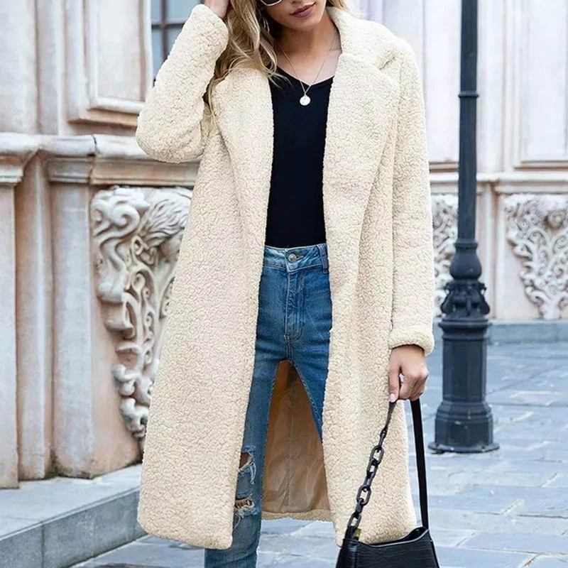 Chaqueta larga para mujer, a la de color liso abrigo de lana, abrigo informal y suave, cárdigan piel para 2022|chaquetas básicas| - AliExpress