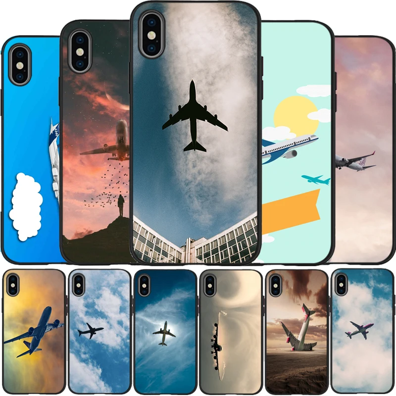 

Aircraft Airplane fly travel cloud Cover Soft Silicone black Phone Case For X XR XS Max For iPhone 6 6plus 7 8 plus 5 5S SE