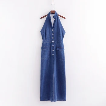 

Womens Halter Denim Slim Long Single-Breasted Fashion Dress Girls Lapel Blue Denim Pocket Straight Elegant Simple Dress