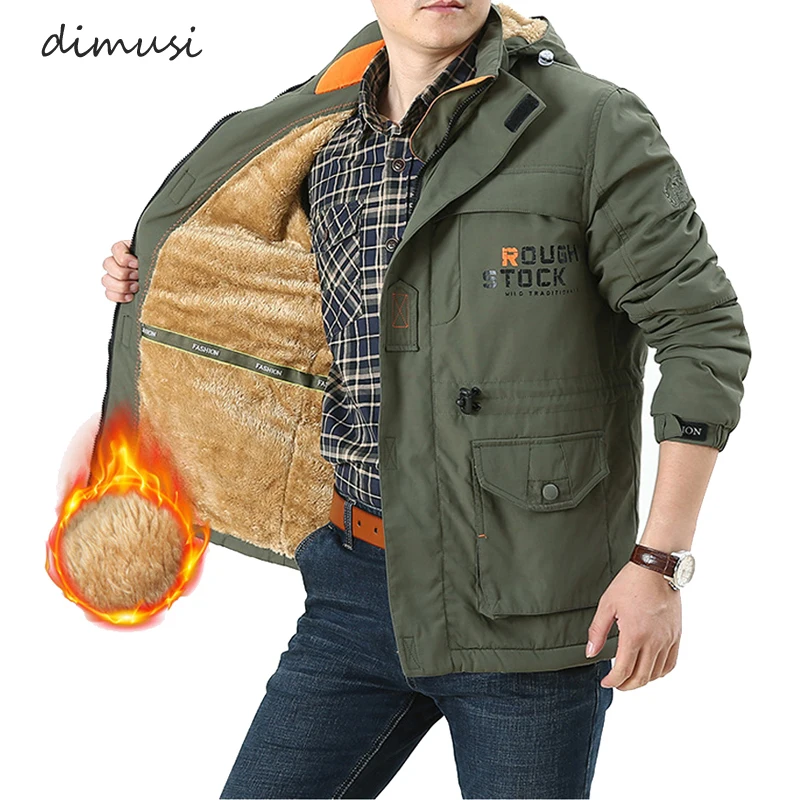 

DIMUSI Winter Men's Bomber Jackets Casual Hiking Windbreaker Hooded Coats Male Outdoor Fleece Warm Army Cargo Jackets Clothing