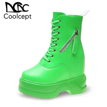 

Coolcept Fashion Winter Warm Woman Ankle Boots Lace Up Thick Bottom Height Increasing Shoes Zipper Women Footwear Size 34-39