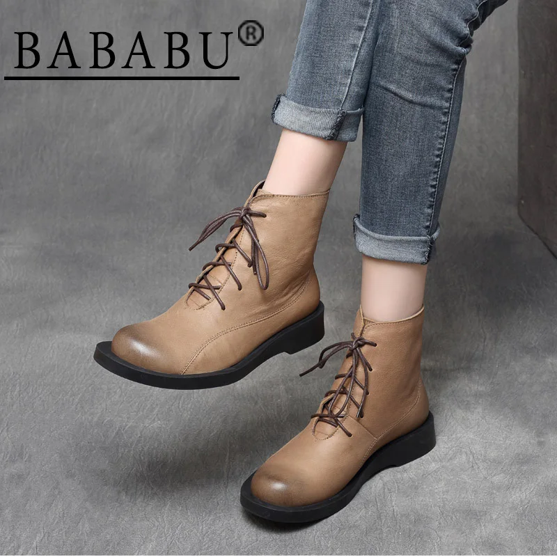 

2019 autumn new Sen female handsome retro leather lace flat British wind short boots knight boots Martin boots