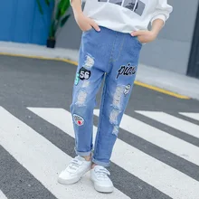 Г. Новые стильные осенние модные джинсы с дырками в западном стиле в Корейском стиле для девочек от 3 до 7 лет 10-летний