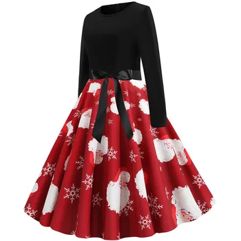 

Women Christmas Long Sleeve Print Elegant Vintage Knee-length Party Dress Robe 2019 Autumn Winter Casual Plus Size Xmas Dress
