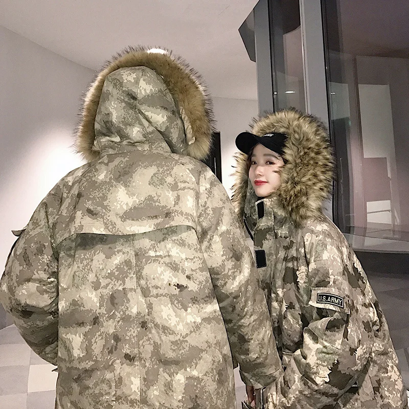 Liketkit мужские новые зимние парки MaleThick длинное камуфляжное пальто с капюшоном мужское шерстяное пальто большого размера с воротником для пар камуфляжная ветровка