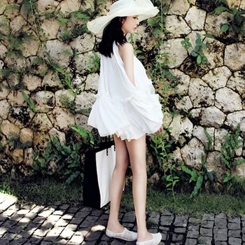 

Korea New Round Neck Short Sleeves Summer Sleeveless White Ruffles Pleated Big Bottoms Sweet Shirt Female Blouse Y129