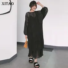 XITAO выдолбленный вязаный комплект из 2 предметов женское платье модное дышащее корейское платье средней длины с круглым вырезом и пышными рукавами Новинка осени GCC1217
