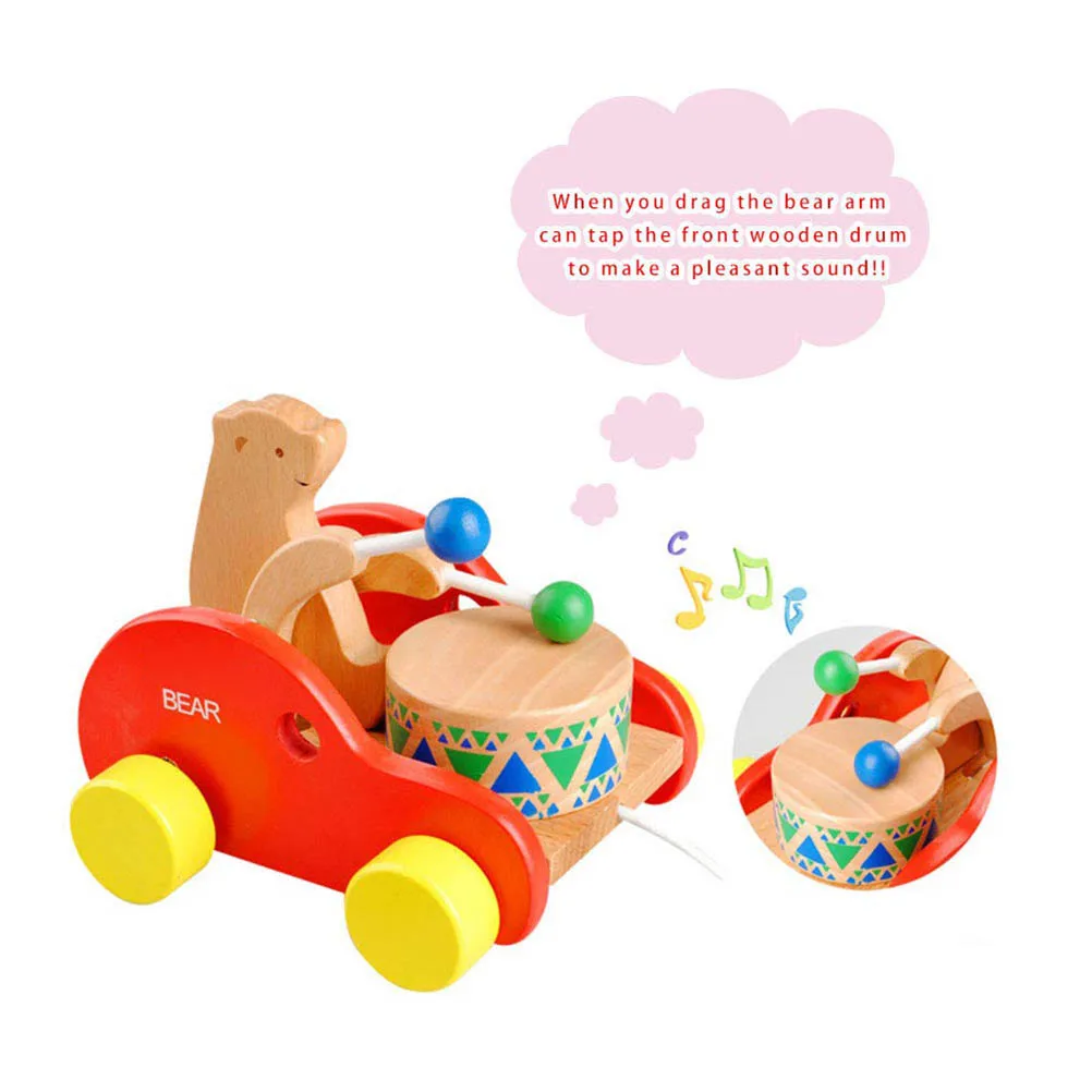 Kids Wooden Cartoon Bear Drums Dragging Trailer For Walking Training Baby Walk Along Toy Wooden Towable Toy Car Railer Models#30