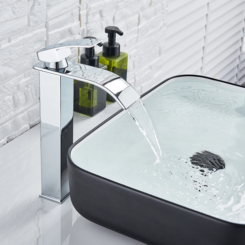 Chrome Modern Waterfall Freestanding Bath Shower Mixer Tap Square & Chrome Monobloc Waterfall Wash Basin Mixer Tap 