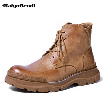 

New Arrival Mens Real Leather Work and Safety Ankle Boots Retro Heighten shoes 5 cm Man Winter Casual Boots