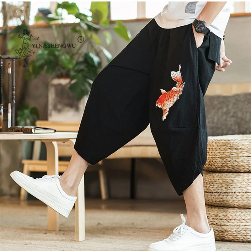 

Summer Men Carp Kimonos Japanese Style Harajuku Yukata Beam Feet Harem Pants Youth Casual Pants Asian Japan Print Male Costume