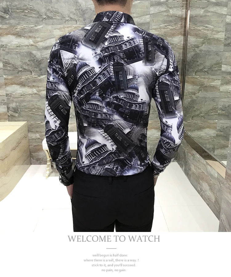 Camisa Masculina/Весенняя Новая мужская рубашка с длинными рукавами и цветочным принтом; модные облегающие рубашки для ночного клуба; Chemise Homme