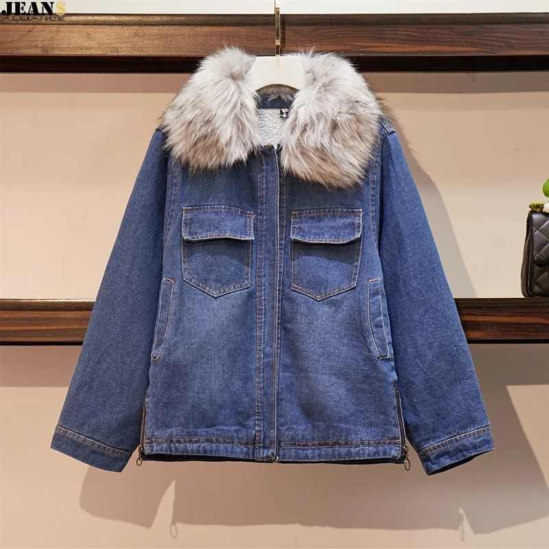 

2019 Plus Size Denim Winter Jacket coat Women fur Collar Hooded Leisure Jackets New High Quality Women's Thicken Cowboy Parka