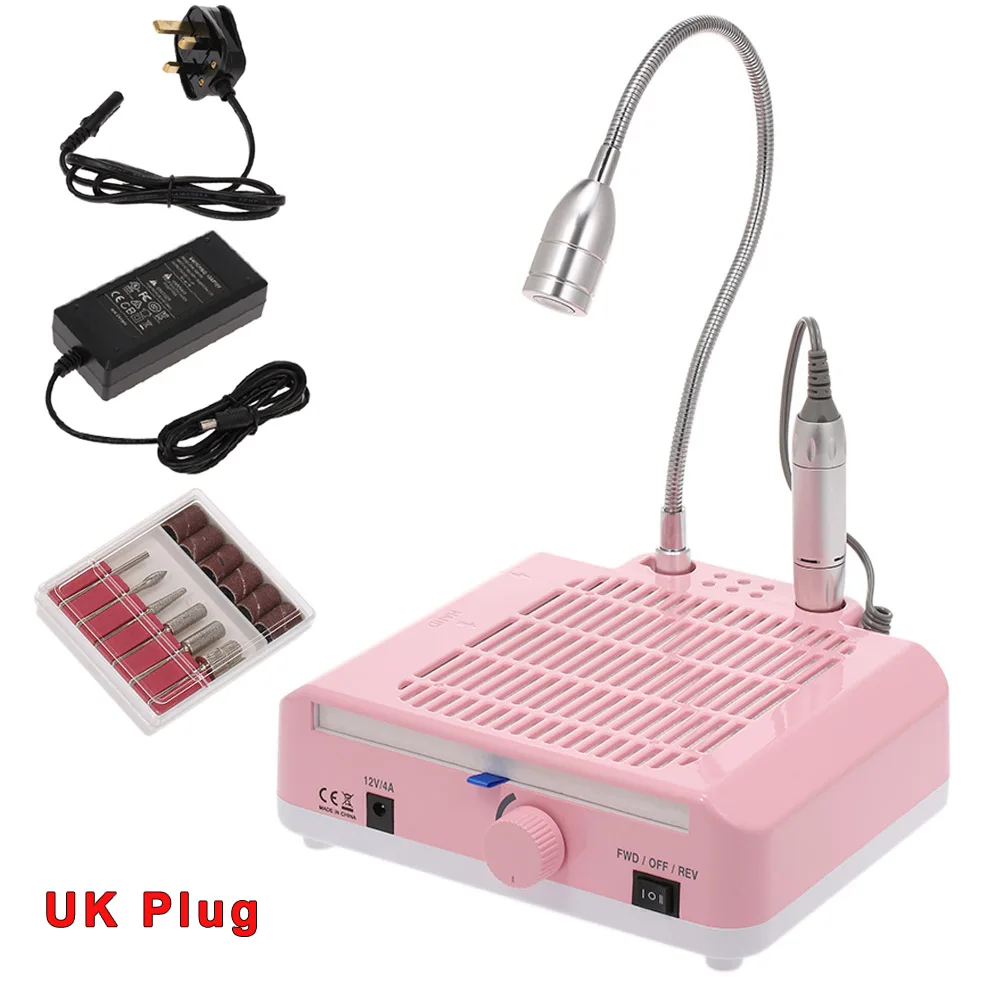 Pink UK Plug 3 в 1 дрель для ногтей светодиодный настольный светильник для пылесборника для ногтей маникюрный набор с сверлами 25000 об/мин Дрель Ручка для дизайна ногтей пылесос вентилятор - Цвет: Pink UK Plug