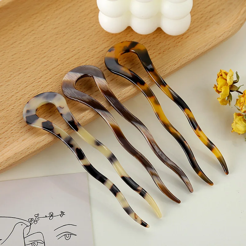 

French Twist Hair Stick Clip Vintage Acetate Large Wavy U-Shaped Hairpin Tortoise Shell Women Hair Bun Pin