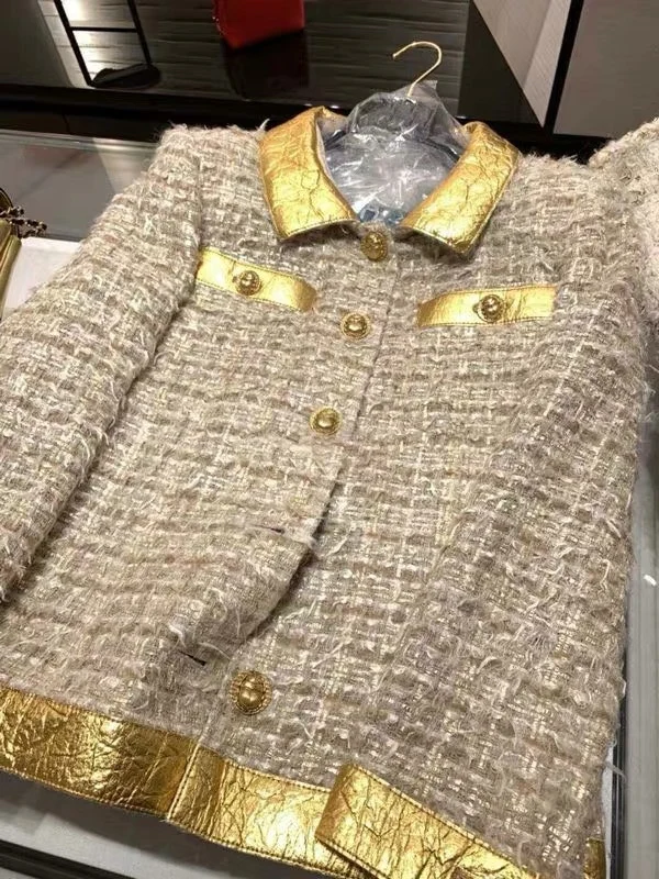 Египетская коллекция роскошный золотой кожаный воротник твидовая куртка плюс размер зимнее пальто и юбка комплект 5xl 6xl удивительный casaco feminino