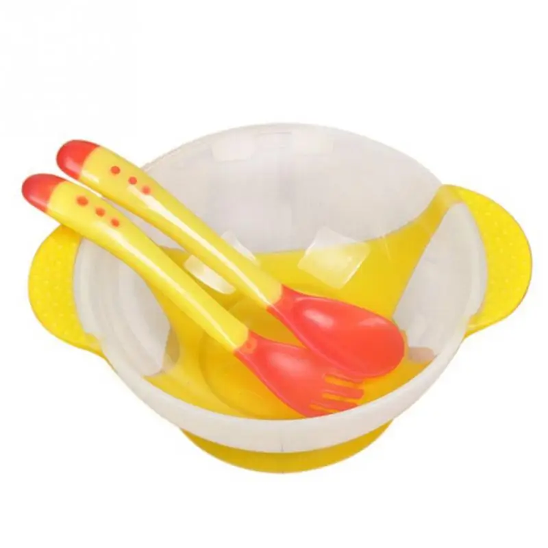 Набор для кормления детей, миска на присоске, ложка с чувствительным температурным режимом, детская посуда, Обучающие блюда, миска для еды, миска для кормления детей - Цвет: 3 PC Yellow