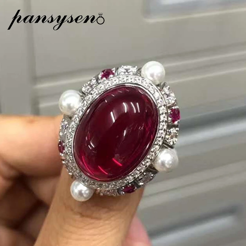 PANSYSEN Top Quality 100% Solid 925 Sterling Silver 13x18MM Ruby Pearl Gemstone Rings Wedding Anniversary Fine Jewelry Ring Gift PANSYSEN Top Quality 100% Solid 925 Sterling Silver 13x18MM Ruby Pearl Gemstone Rings Wedding Anniversary Fine Jewelry Ring Gift