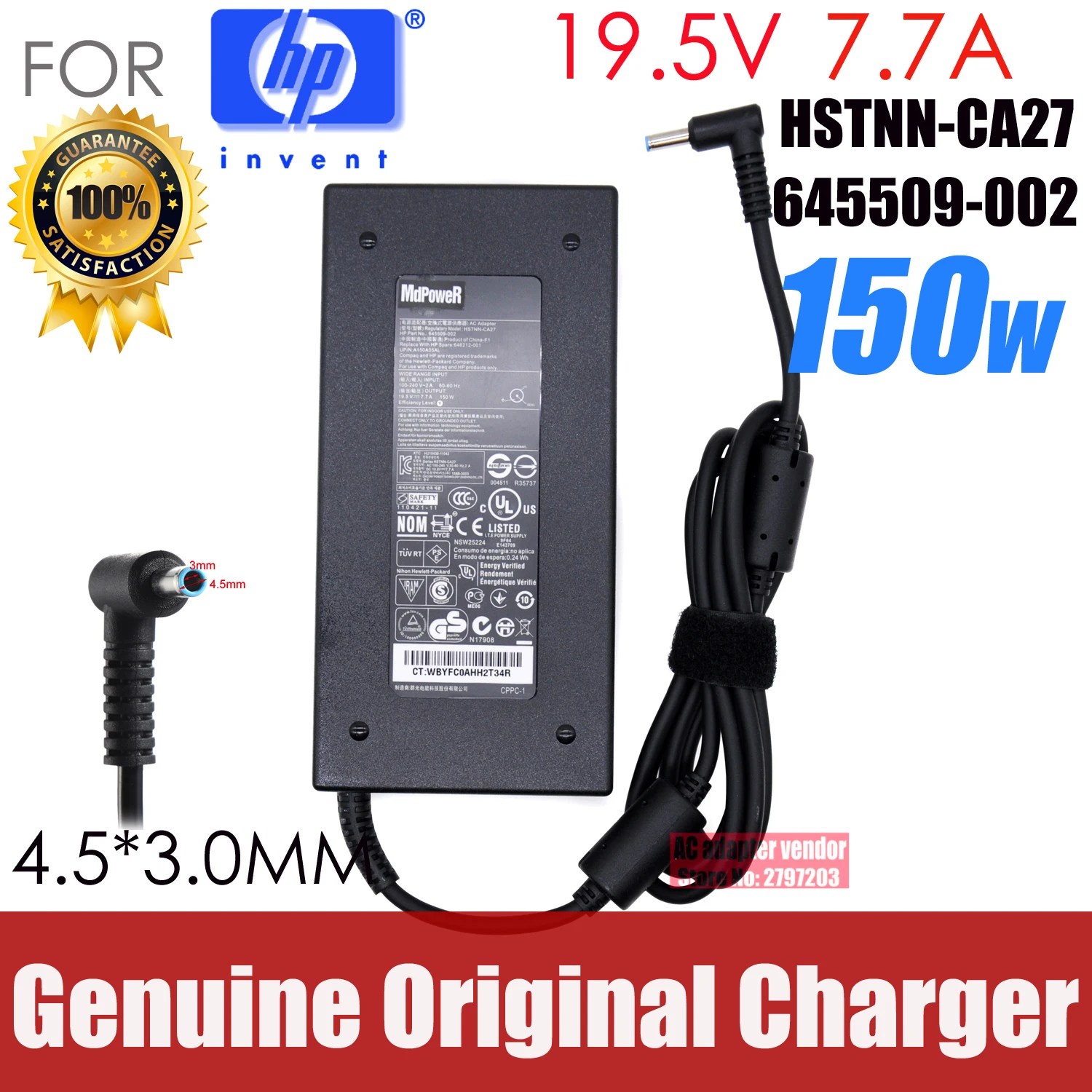 

Original 19.5V 7.7A 150W Ac adapter laptop charger For HP Q193 Q173 TPN-DA03 HSTNN-CA27 646212-001 19.5V 7.7A 4.5*3.0MM