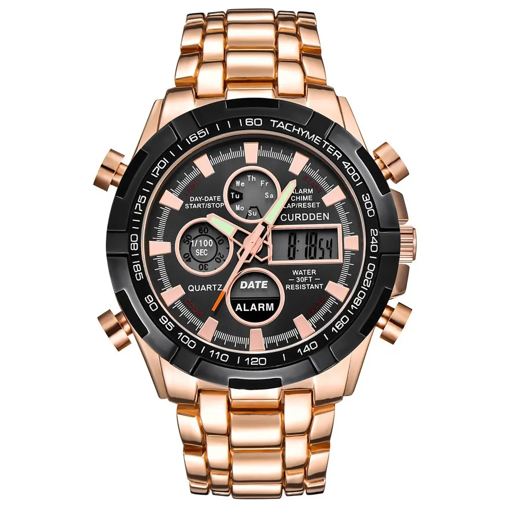 Rose gold Мужские часы, спортивные часы из нержавеющей стали, двойной дисплей, аналоговые, цифровые, новая мода, Цифровые мужские полностью стальные светодиодные часы, 3 цвета - Цвет: Rose gold
