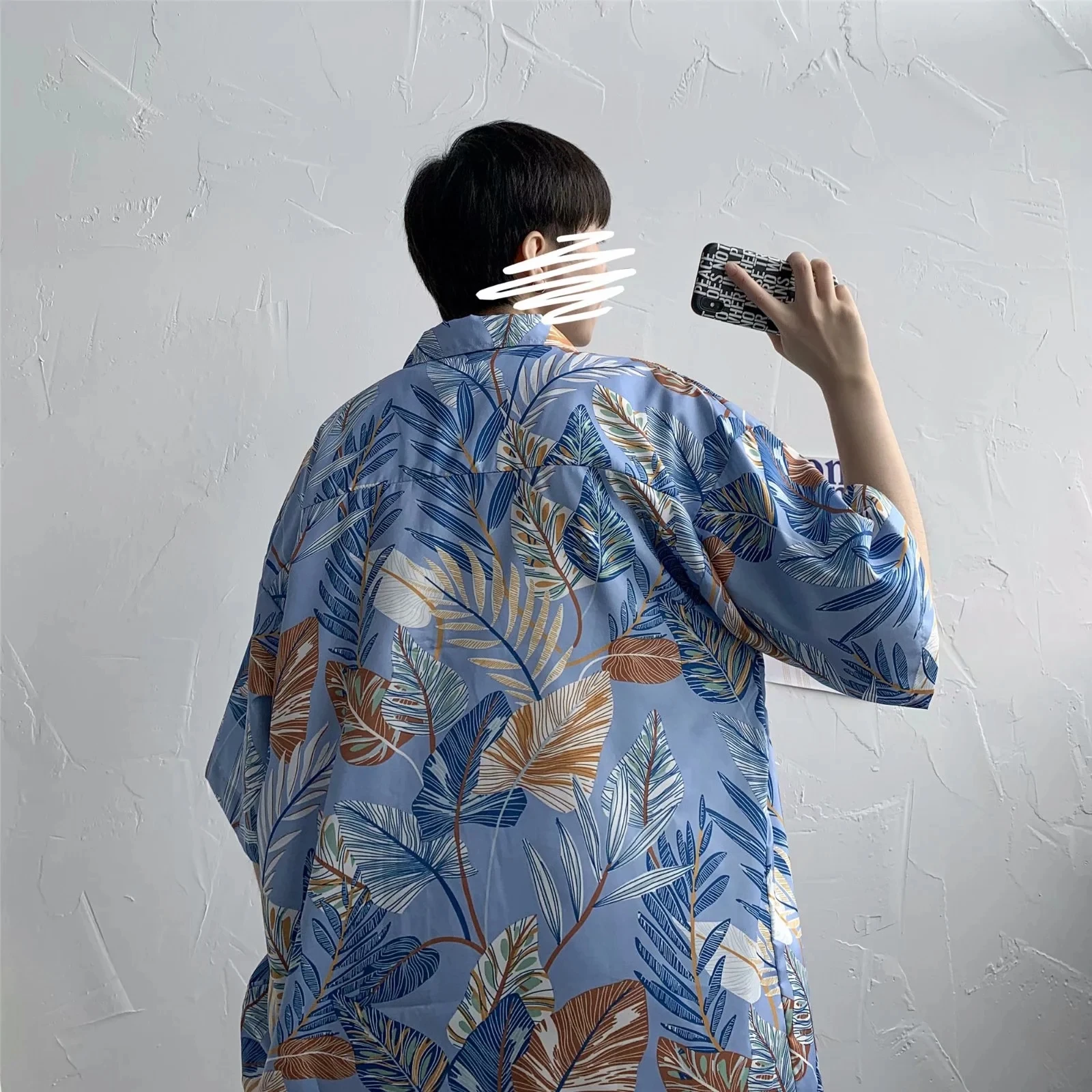 Men Summer Shirt Beach Style Blue Leaves Printed Hawaiian Shirts Casual Short Sleeve Turn Down Collar Blouses Tops Camisa Homme