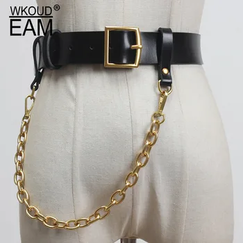 

WKOUD EAM 2020 New Metal Chain Genuine Leather Belt Women Fashion Simple All-match Corset Belt Female Trendy Waistband PF703