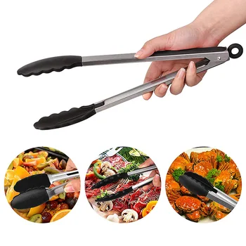 

9/12 Inch Long BBQ Grilling Tong Stainless Steel Silicone Cooking Grilling Barbecue Non-Stick Salad Cake Serving Clip