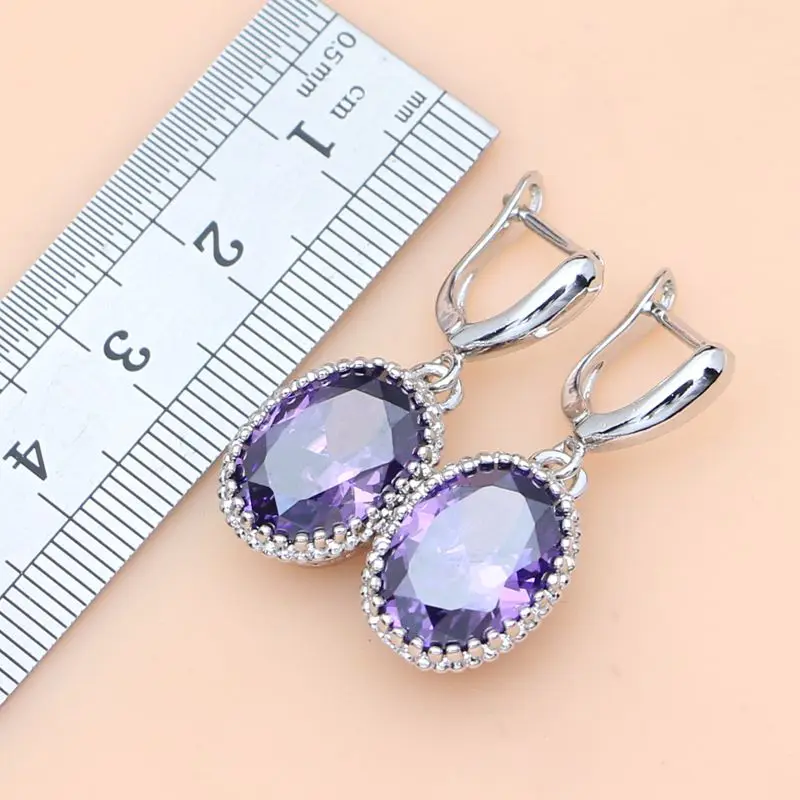 925 Silver Jewelry Sets Purple Natural Cubic Zirconia White Crystal Women Tennis Earrings/Pendant/Necklace/Rings/Bracelet