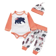 Комплект детской одежды из 3 предметов для детей 0-24 месяцев, лоскутные детские комбинезоны с длинными рукавами, топы с принтом коричневого медведя, комплект для девочек, длинные штаны, Одежда для младенцев, комплект для малышей