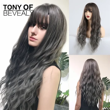 

Long Wavy brown to Ash Ombre Hair Wigs With Bangs Heat Resistant Synthetic Wigs for Afro Women Cosplay Party Natural Wigs