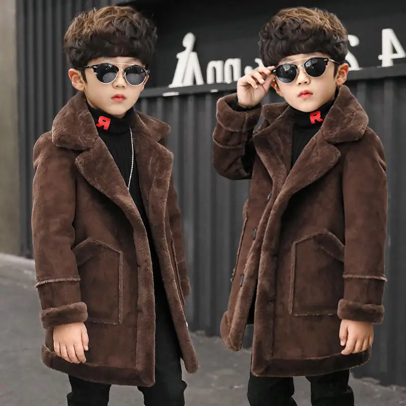 New 3-14 year old boys winter plush warm woolen coat, fashionable plaid high-quality children's woolen coat, boys casual jacket