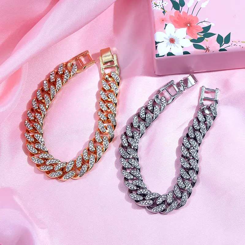 New Fashion Luxury 12mm Iced Out Cuban Link Chain Bracelet for Women Men Gold Silver Color Bling Rhinestone Bracelet Jewelry