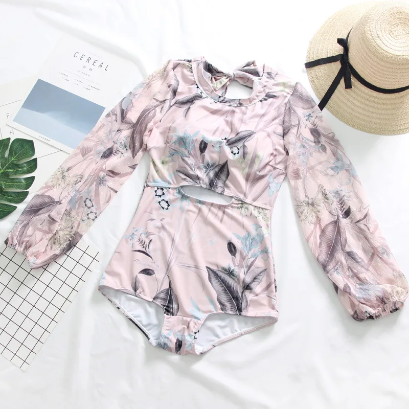 Pink Women Printed Long Sleeve One Piece Swimwear Bathing Suit Swimming Beachwear Summer Sexy Swimsuit Bandage Swim Suits Monokini - Color: Pink