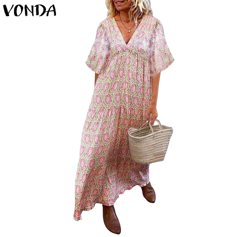 Летнее женское платье с коротким рукавом, летний сарафан VONDA, винтажное повседневное длинное платье макси, туника, Vestidos, сексуальное платье с v-образным вырезом, женское платье