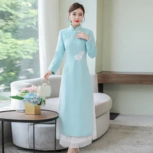 Народный стиль Вьетнам Aodai Платья Женская Осень Зима вьетнамская одежда утолщенная Cheongsam Азия одежда Винтаж Ao Dai платье