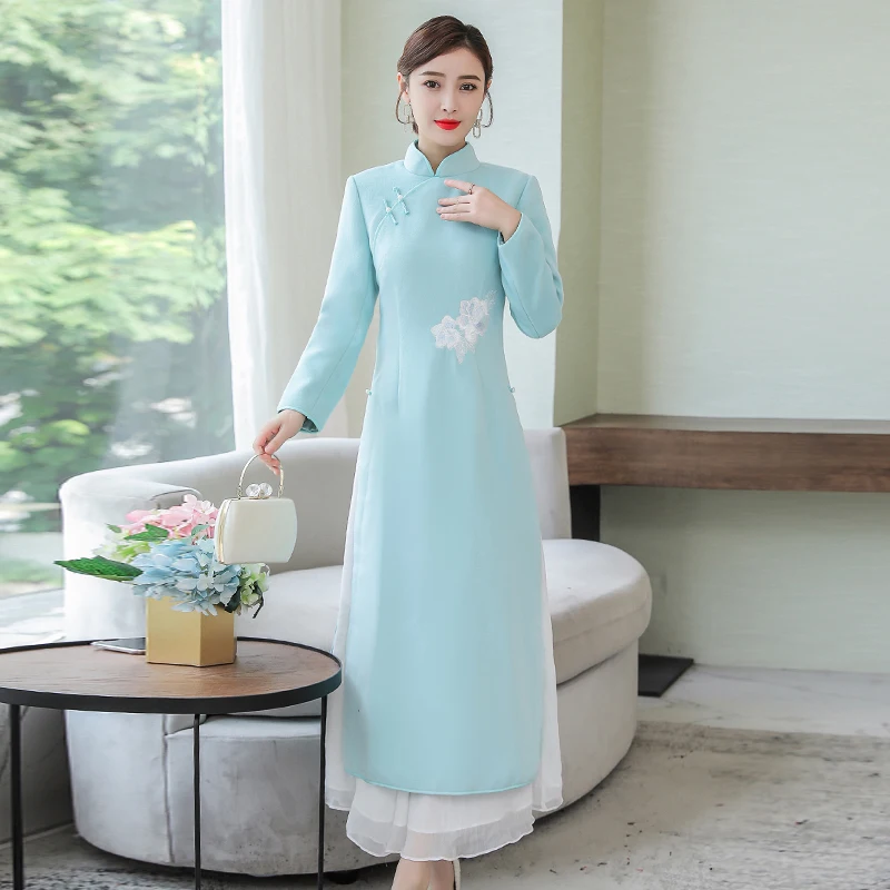 Народный стиль Вьетнам Aodai Платья Женская Осень Зима вьетнамская одежда