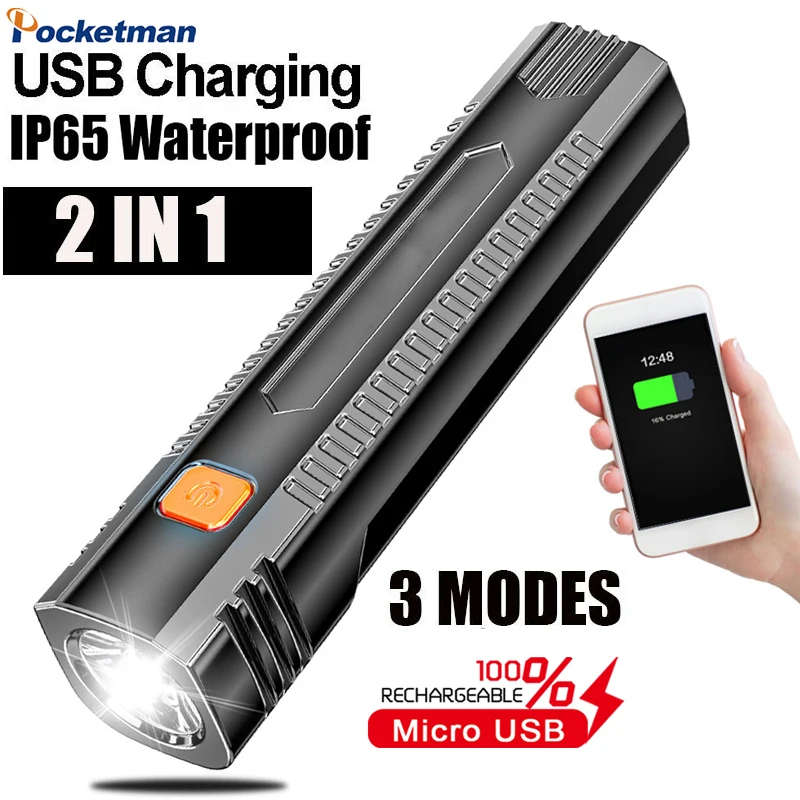 Портативный светодиодный фонарик с зарядкой от USB карманный водонепроницаемый