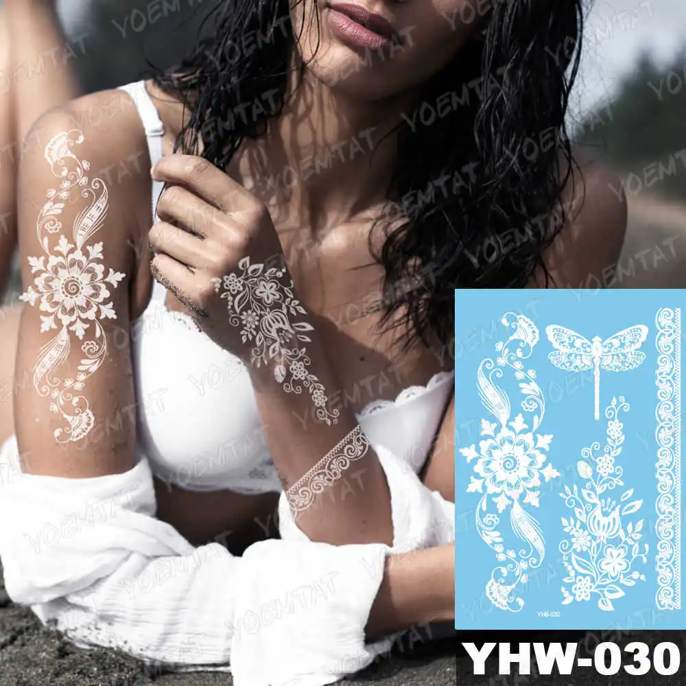 20-YHW-030 1 шт., модные, блестящие, водонепроницаемые, тату, для женщин, белые чернила, хна, тату, драгоценный камень, кружева, цветок, для невесты, тату, мандала, Временные татуировки, наклейка - Цвет: 20-YHW-030