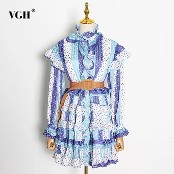 

VGH Elegant Hit Color Women Dress Turtleneck Flare Long Sleeve High Waist With Sashes Patchwork Ruffles Fashion Clothes 2020 New