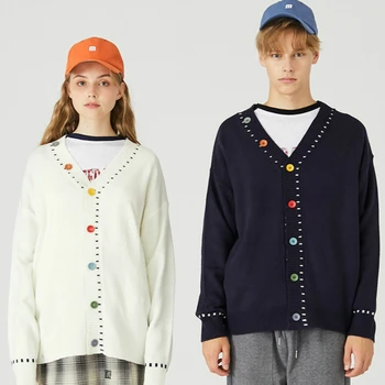 

MERRY PRETTY Women Man Cardigan Letter Embroidery Knitted Sweater V-Neck Couple Sweater Winter Korean Style Warm Jumper Tops