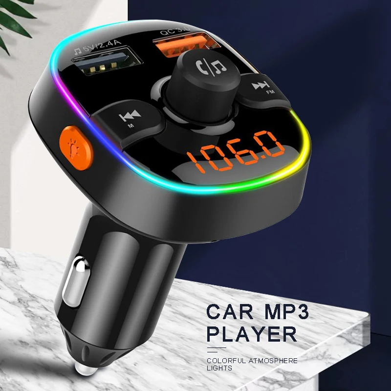 

Mayitr 1pc Portable bluetooth 5.0 Wireless FM Transmitter Hands-free 7Colorful Fast Charging Car Charger Player Adapter