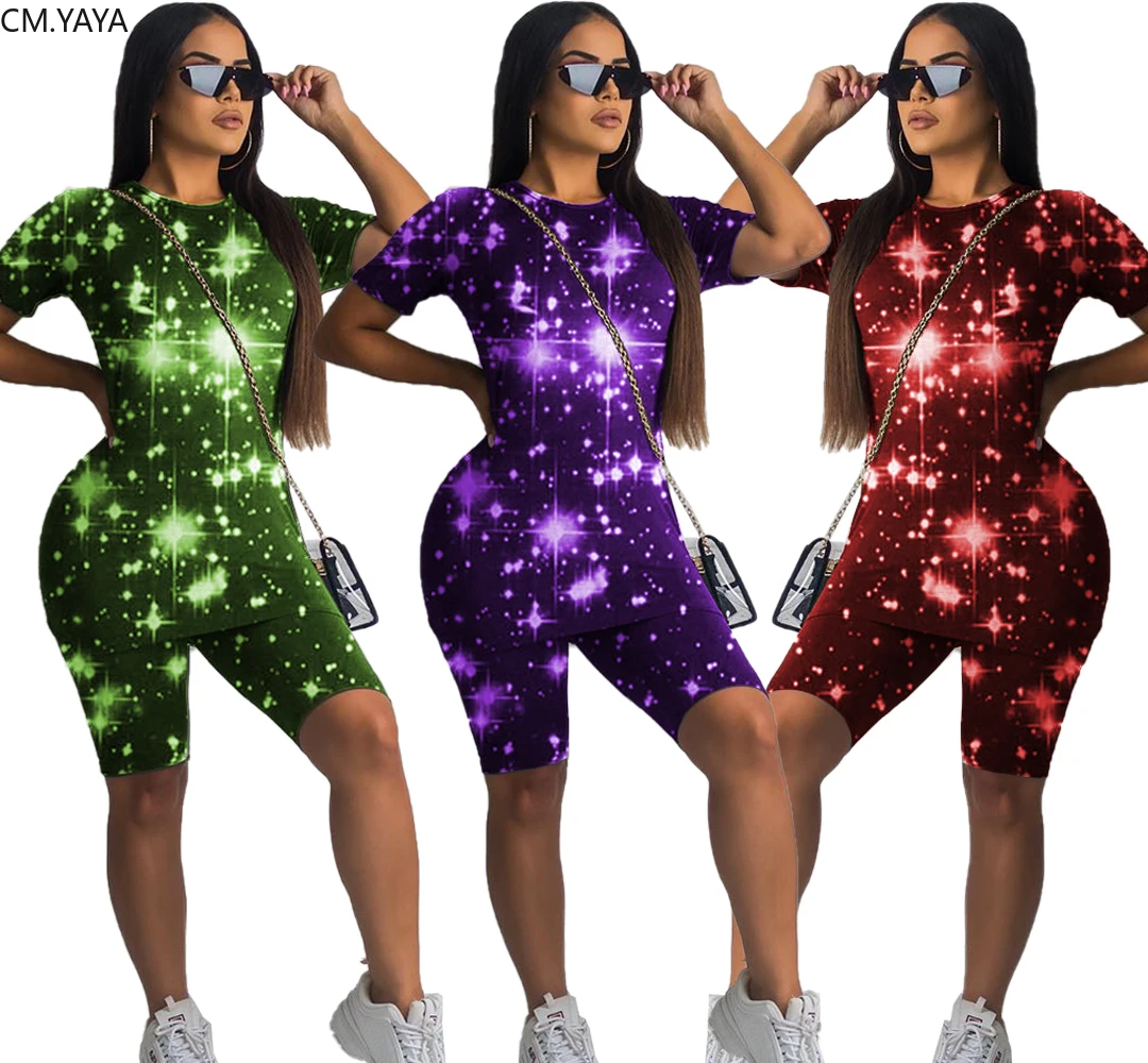 

2019 Women summer starry sky print black tee top & shorts pants suit two piece set beach Sportwears tracksuit outfit GLSM9039