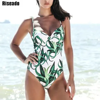 

Riseado 2018 One Piece Swimsuit Sexy Push Up Swimwear Women Leaf Printing Strap Plus Size Bathing Suits Beachwear
