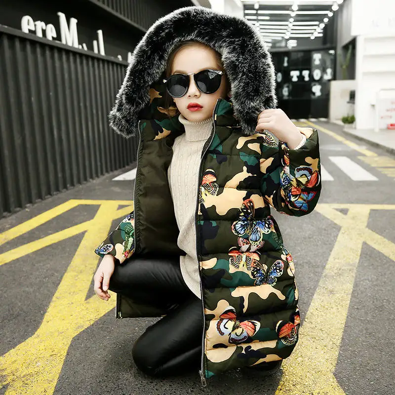 

LEAPPAREL Newly Girls Coat Winter Outdoor Warm Butterfly Print Hoodie Zipper Camouflage Fur Hooded Long Cotton Parka Kids Coats
