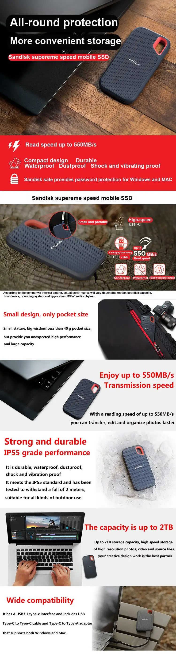 SanDisk Портативный внешний SSD 1 ТБ 500GB 250GB 550M внешний жесткий диск SSD USB 3,1 HD SSD жесткий диск твердотельный диск для ноутбука