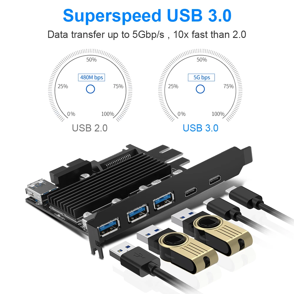Rocketek USB 3,0 type c PCI-E плата расширения 5 портов адаптер внешний контроллер Express 19 pin кабель SATA разъем питания шнур