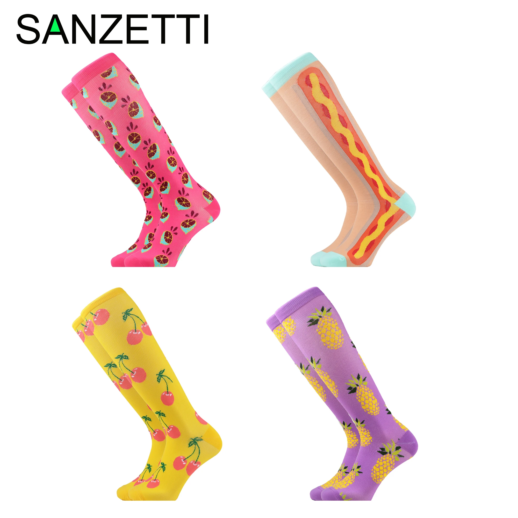 

SANZETTI 4 Pairs/Lot Women Patchwork Fruit Combed Cotton Compression Socks Party Below Knee Plaid Anti-Fatigue Long Fun Socks