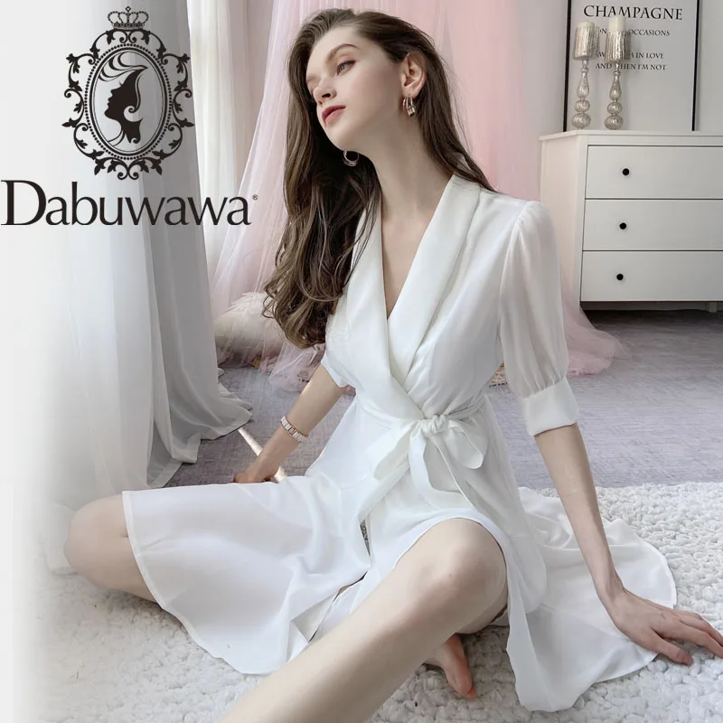 Dabuwawa White Chiffon Asymmetrical Solid Dress Female Summer Vintage Party V-Neck Split Off Detail Dresses Women DT1BDR087 | Женская