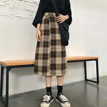 

Autumn Winter Thick High Waist Wool Skirt Women Vintage Preppy Style Front Slit Design A Line Long Midi Plaid Skirts Ladies